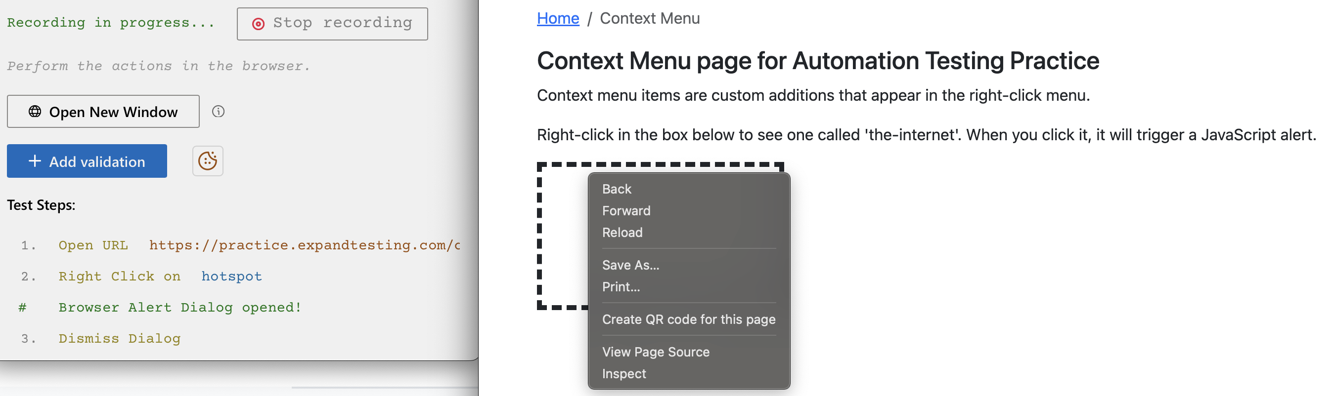 Context Menus With DevAssure - Sample Test Automation code